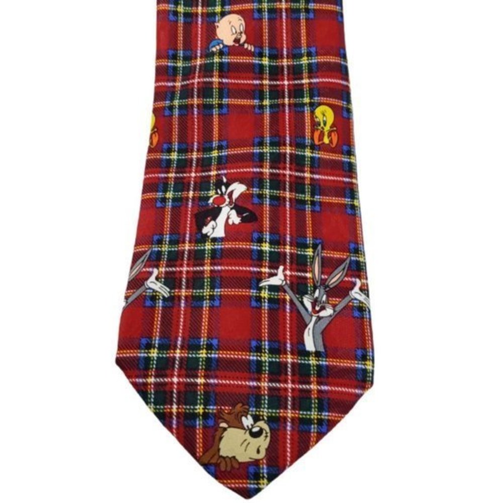 Looney Tunes Tie Necktie‎ Red Plaid Bugs Bunny Daffy Porky Sylvester Taz Tweety